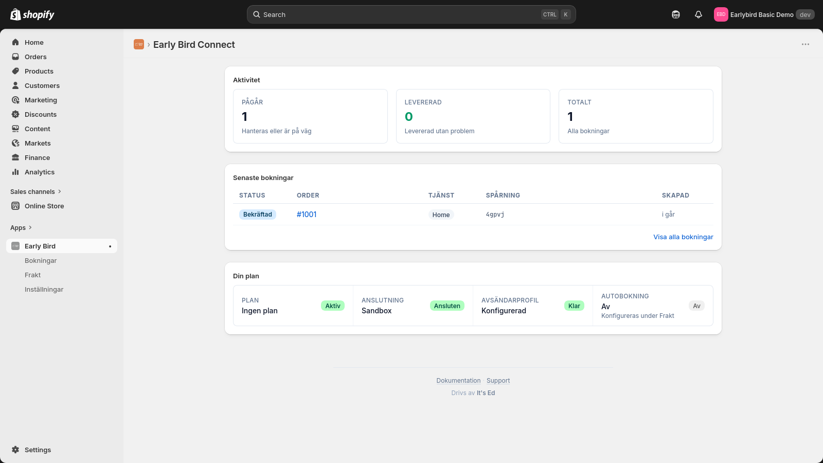 Översikten i Early Bird Connect inuti Shopify-admin, med bokningsstatus, senaste bokningar och anslutningsstatus