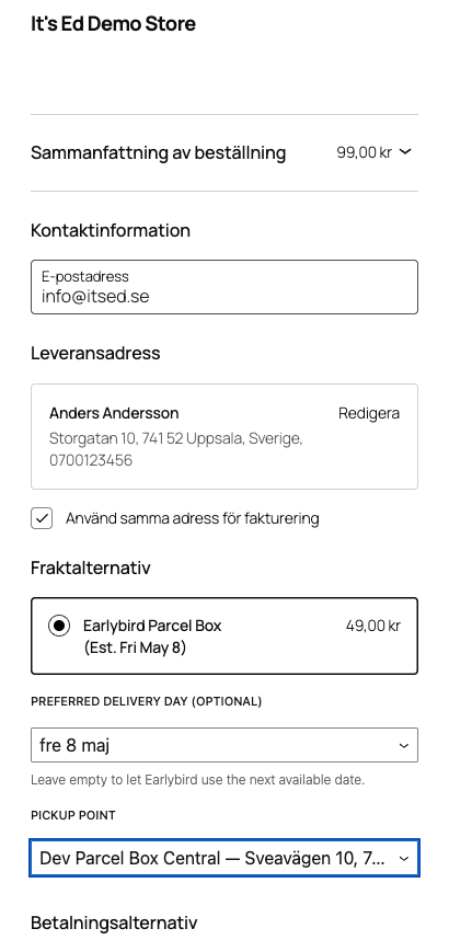 WooCommerce-kassa i mobil med Early Bird Paketskåp, leveransdag och val av skåp