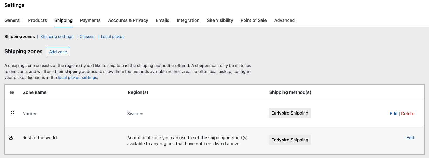 Lägg till Early Bird Shipping i en fraktzon