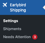Menyalternativet Early Bird Shipping i WordPress-admin