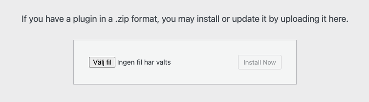 WordPress-vyn Ladda upp tillägg med knappen Välj fil
