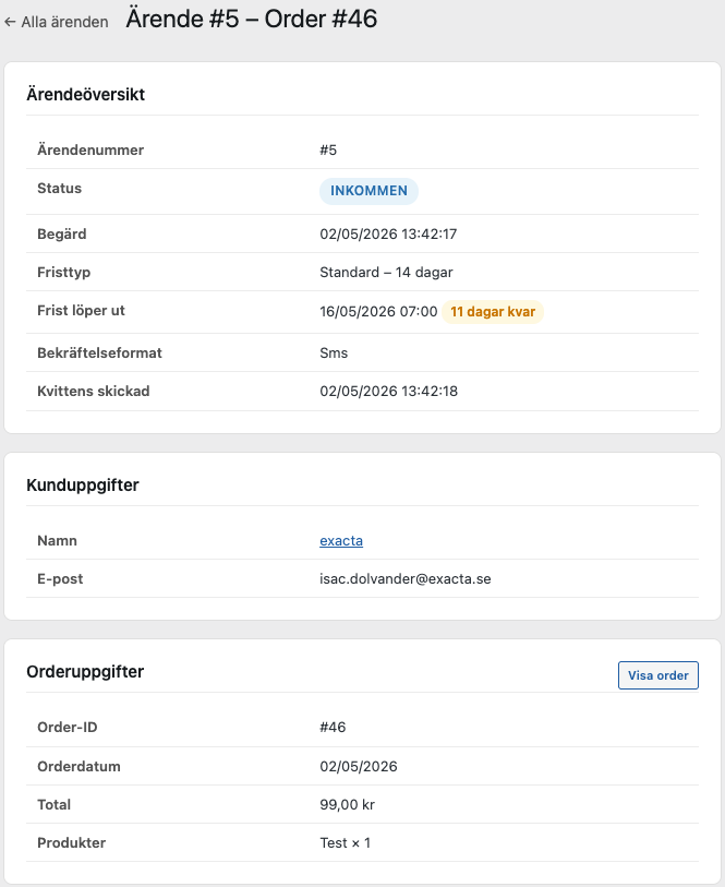 Detaljvy för ett ångerärende