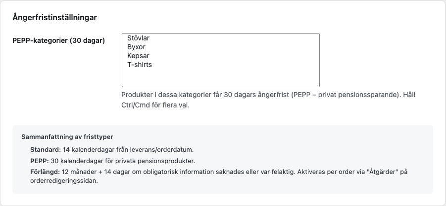 Inställningar för ångerfrister